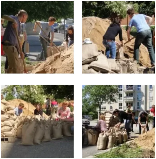 Lab members filling sandbags