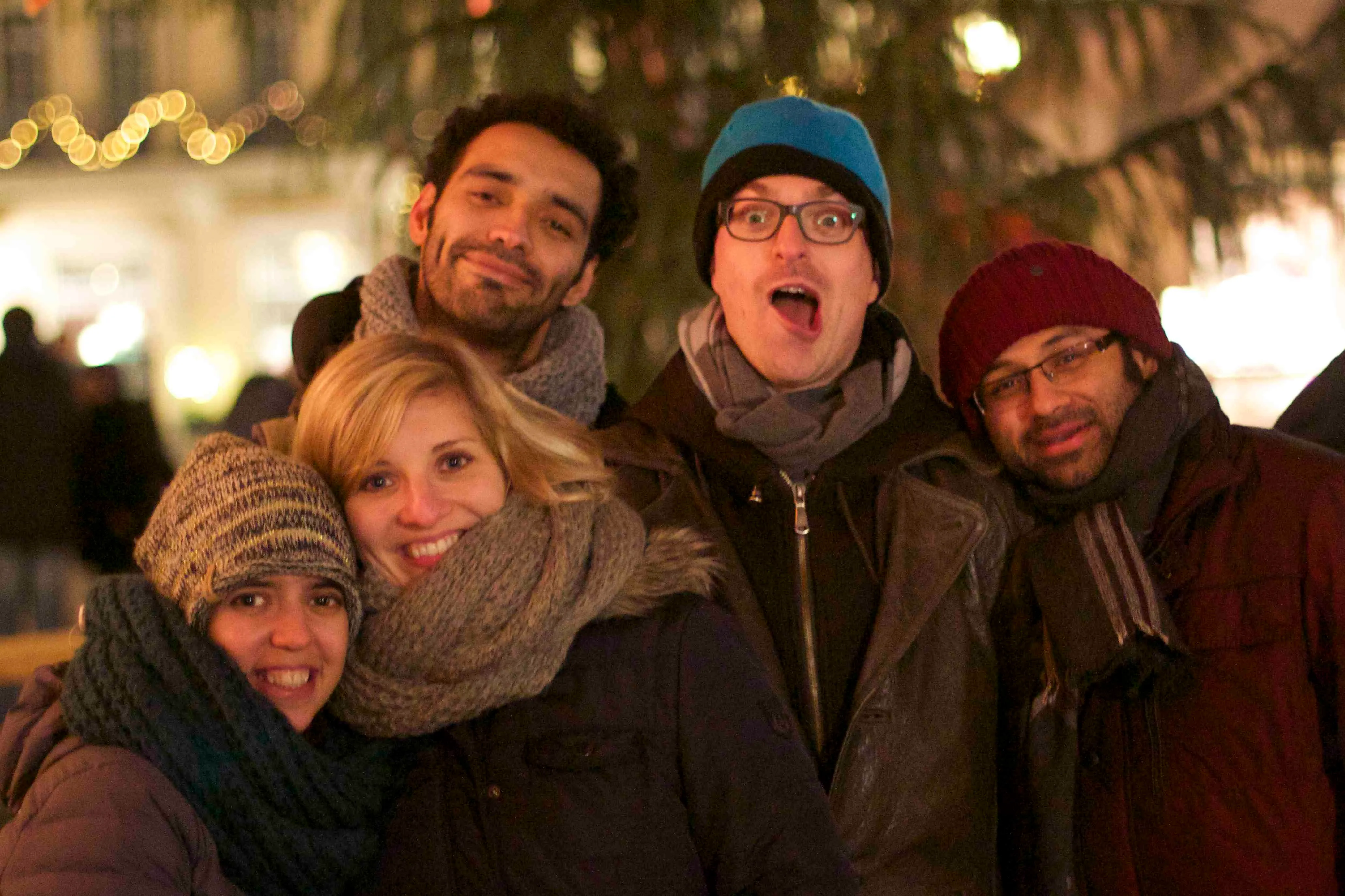 Bea, Astrid, Andrés, Olli, and Avinash at the Christmas market